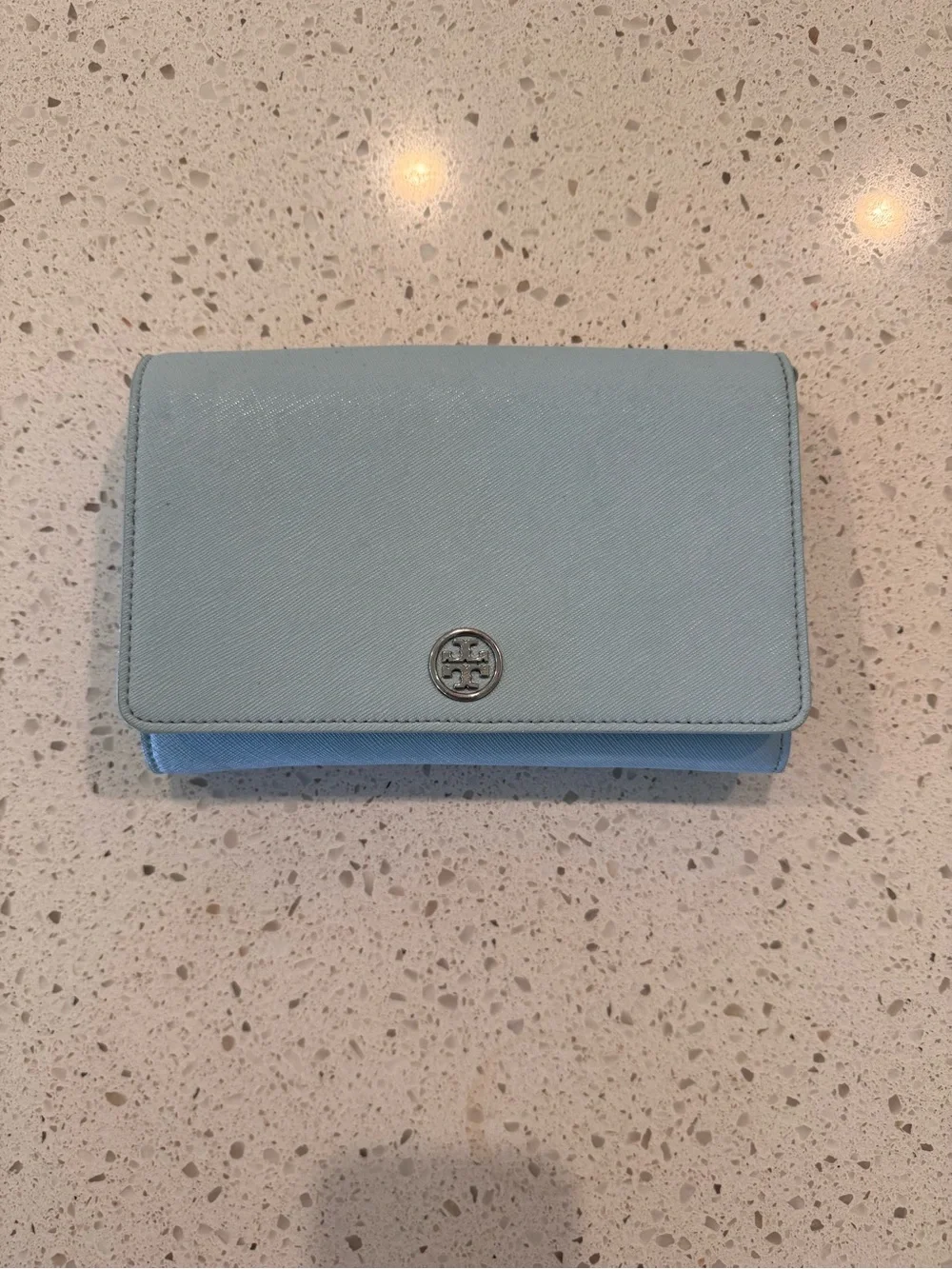 Tory Burch Light Blue Robinson Clutch with Chain Strap